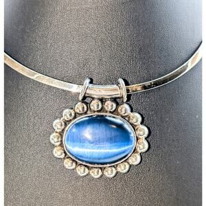 Vintage Taxco Large Blue Cat's Eye 950 Silver Pendant on Sterling Taxco Torque